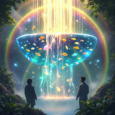 The primary subject of the image is a large, colorful bowl or vase, which is situated in a lush, green forest. The bowl is filled with water and is surrounded by a variety of colorful fish. The setting is a serene, natural environment, with the bowl and fish creating a sense of wonder and beauty. The visual style of the image is a combination of photo and digital art, with the fish and bowl appearing to be realistically rendered while the forest and background elements are created through digital art